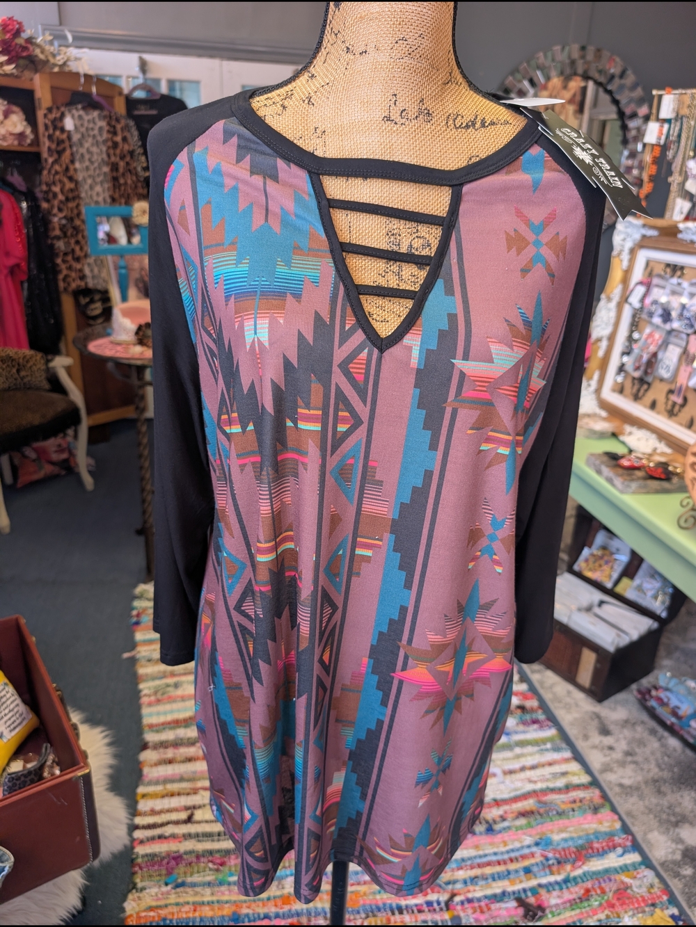 Crazy Train Mauve Aztec Print Long Sleeve Tunic with Black Sleeves